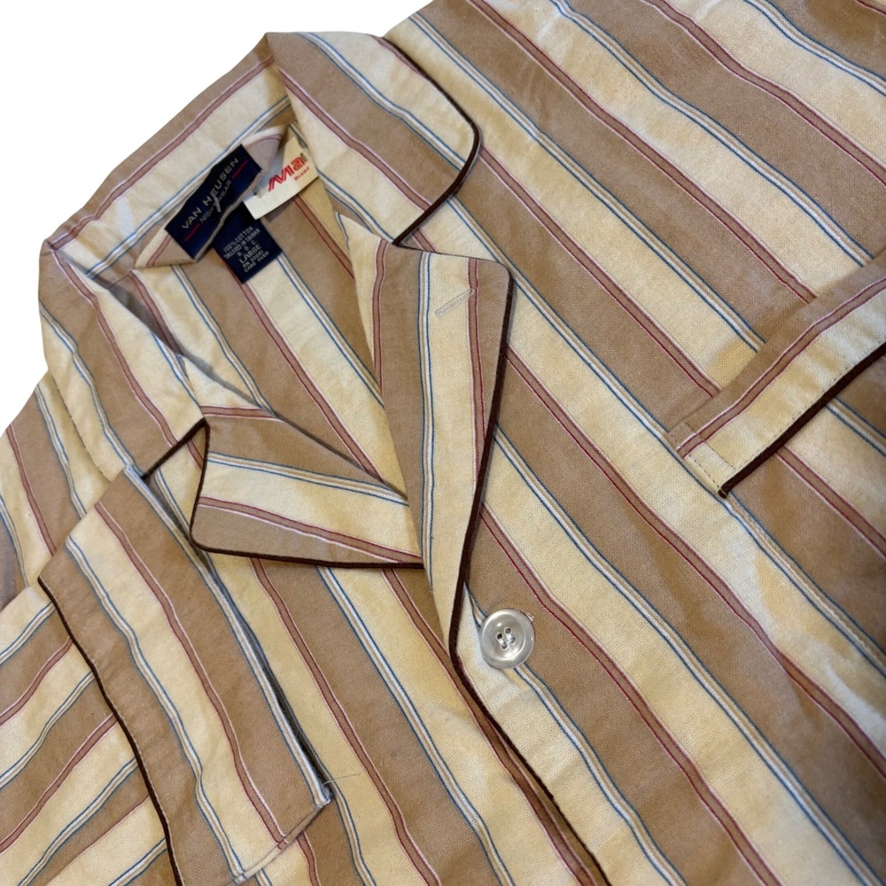 Vintage Van Heusen Pajama Top Men L Tan Striped Cotton Sleep Shirt Deadstock NEW